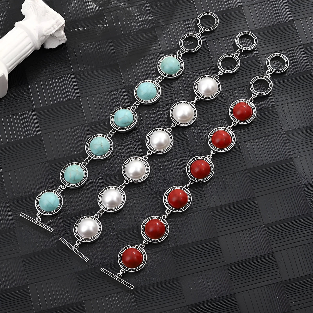 Turquoise ethnic style cuff bracelet in Green, Red, or Silver with ancient silver tone finish, 6.5cm diameter