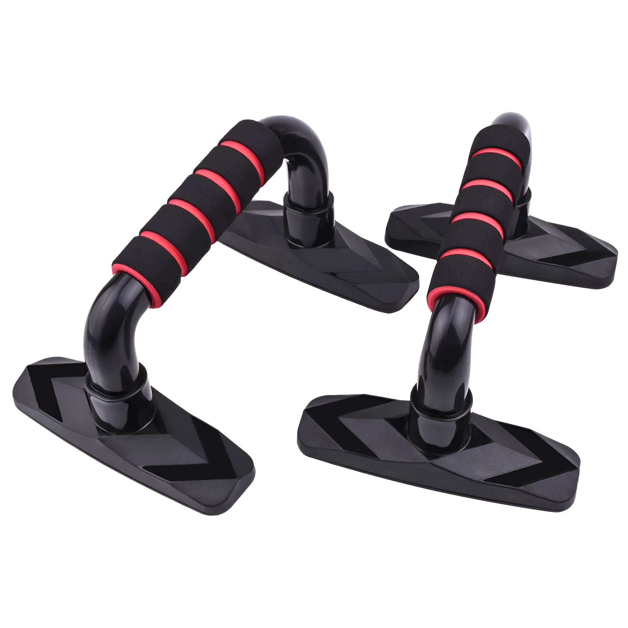 Pair of I-shaped push up bars with blue PP sponge grips for home fitness training