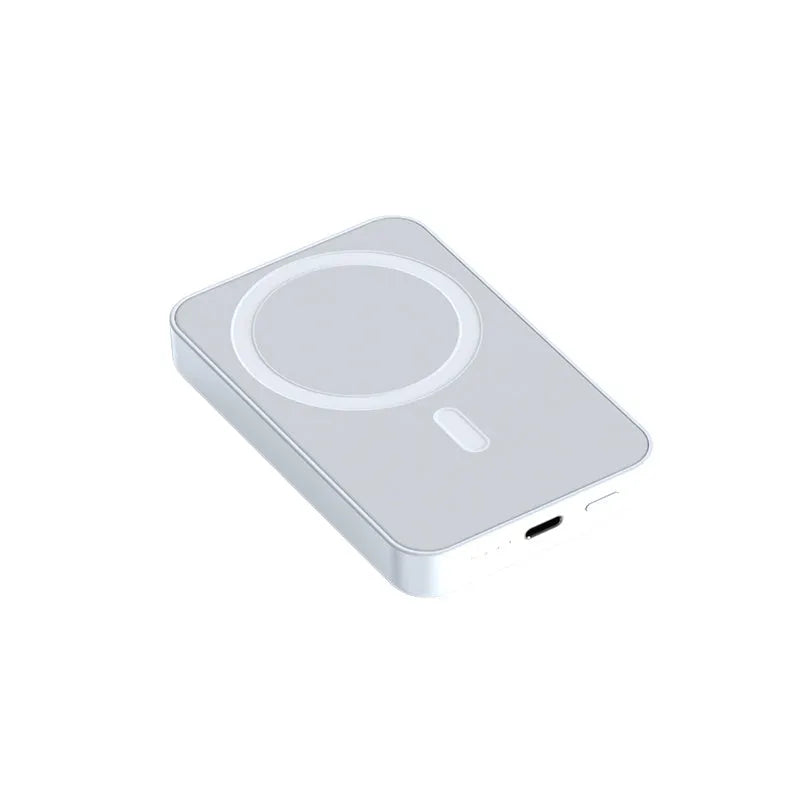 Pink plastic wireless magnetic power bank showing dimensions of 100mm by 64mm.