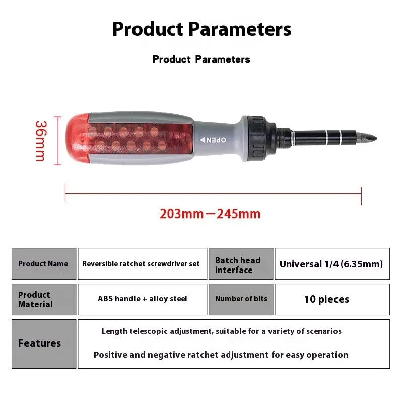 Ratchet screwdriver with two-way retractable chrome vanadium steel bits, ABS handle, and magnetic tip on white background