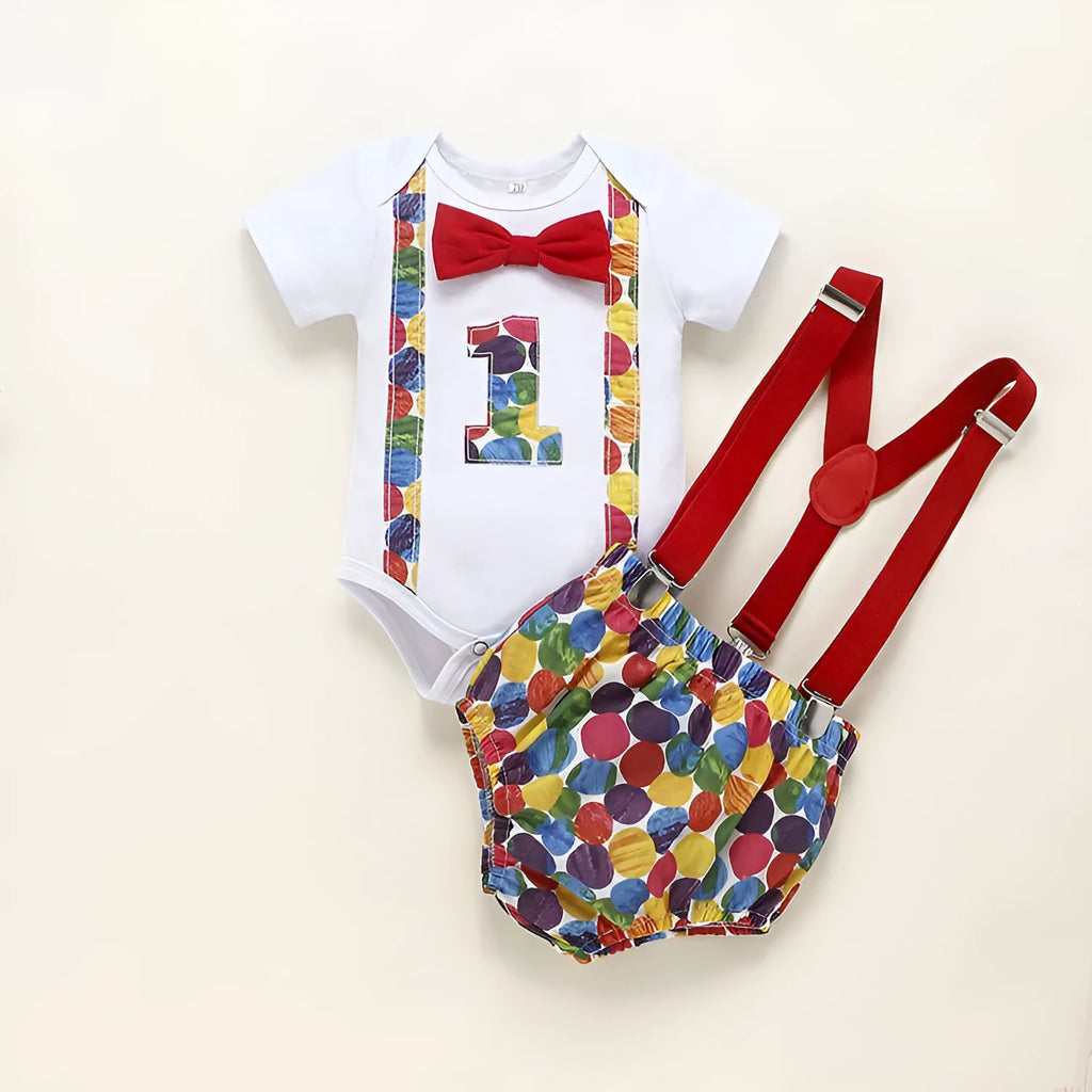 Cotton baby romper overalls in dinosaur print or dot patterns with shorts length and decorative straps