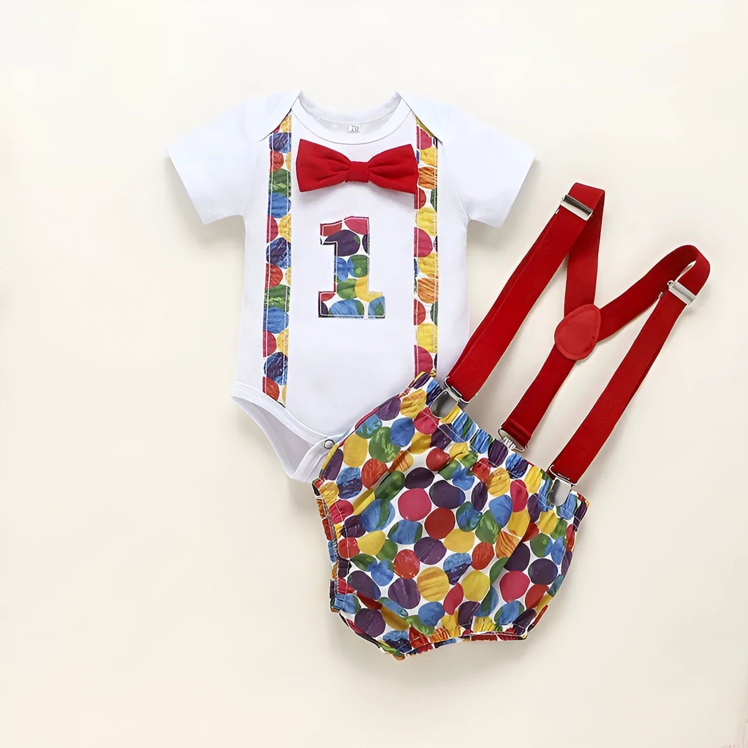 Cotton baby romper overalls in dinosaur print or dot patterns with shorts length and decorative straps