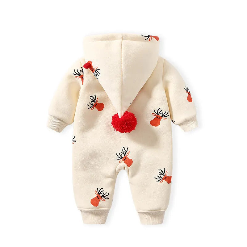 Khaki padded baby one-piece suit with Christmas moose print, shown on hanger.