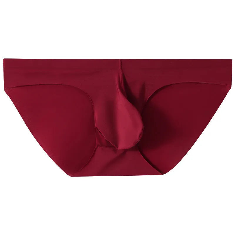 Men's black ice silk seamless briefs with a supportive bullet separation pouch design.