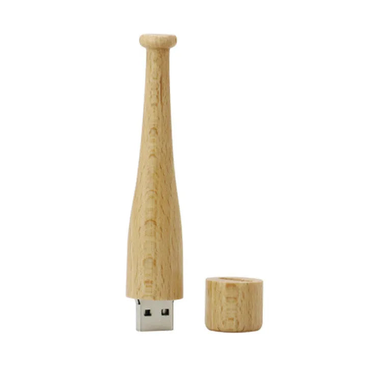 Wooden baseball bat shaped USB flash drive with 16GB storage capacity on wooden surface
