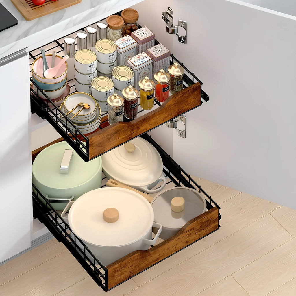Black household storage rack with pull baskets made from wood and iron