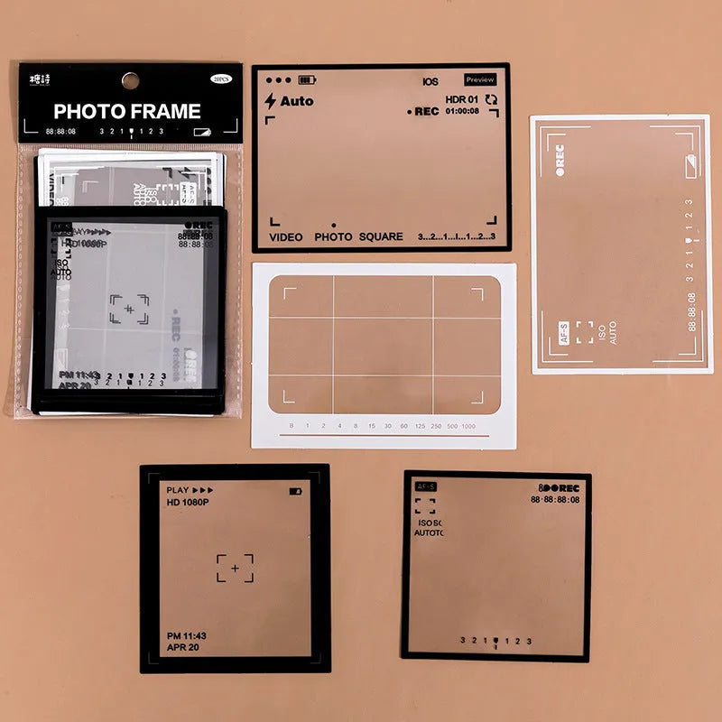 Pack of 15 transparent retro-themed frame stickers for journaling, including photography, music, and social designs.