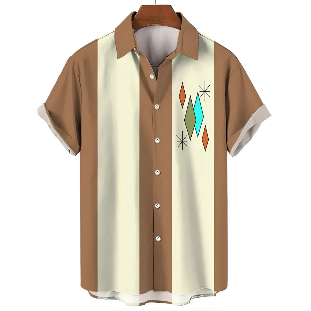 Men's striped Hawaiian casual shirt with short sleeves and button front design