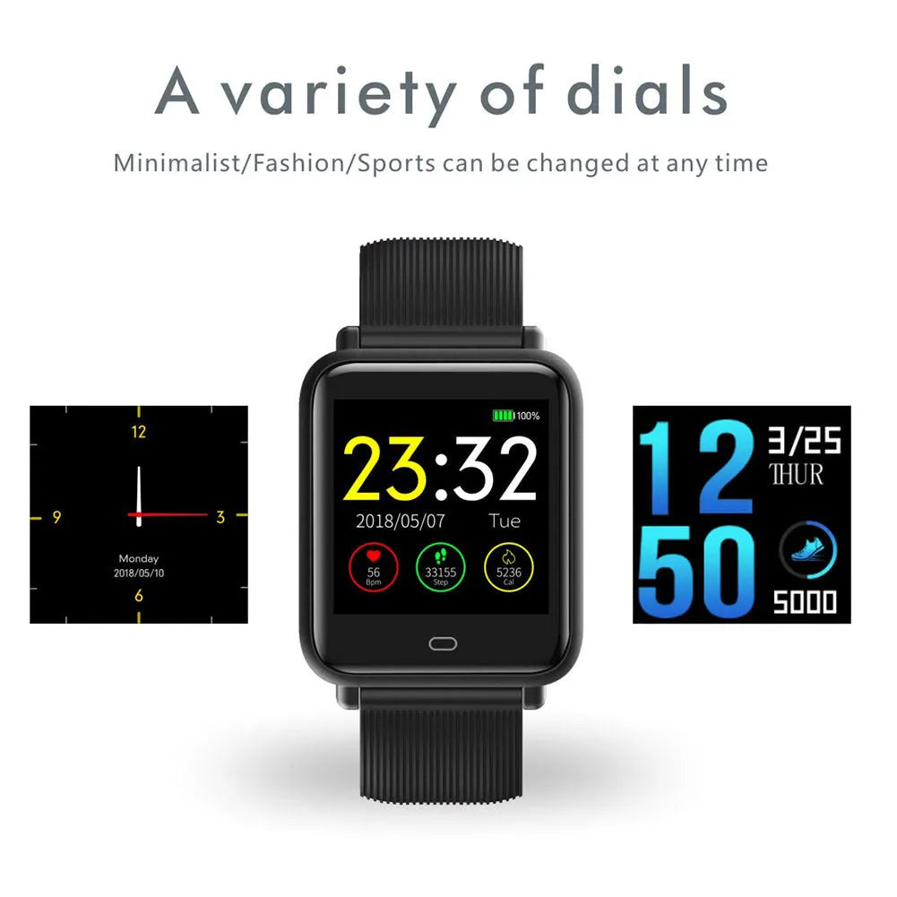 Q9 Smart Bracelet with 1.3 inch HD TFT touch screen, silicone strap and IP67 waterproof rating, in black