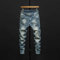 Men's slim-fit blue jeans with a mid-waist, shown in dark blue and light blue colour options.