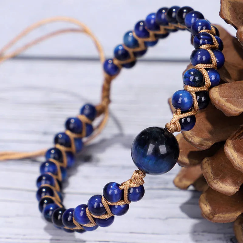 Handmade woven geometric pull bracelet in blue Tigereye or purple Amethyst beads.
