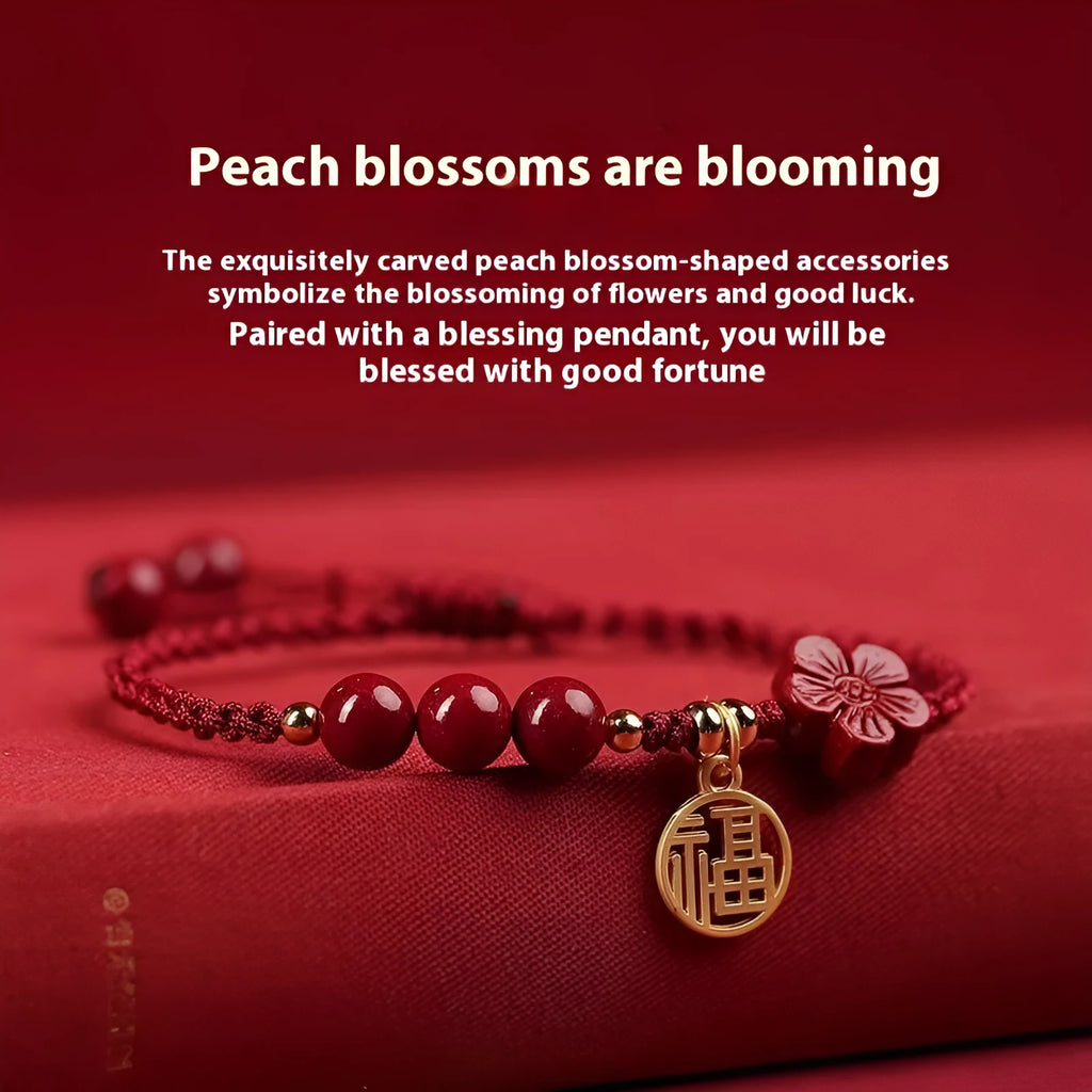 Cinnabar exam luck bracelet with braided rope strap and choice of bead or flower charm in ethnic style