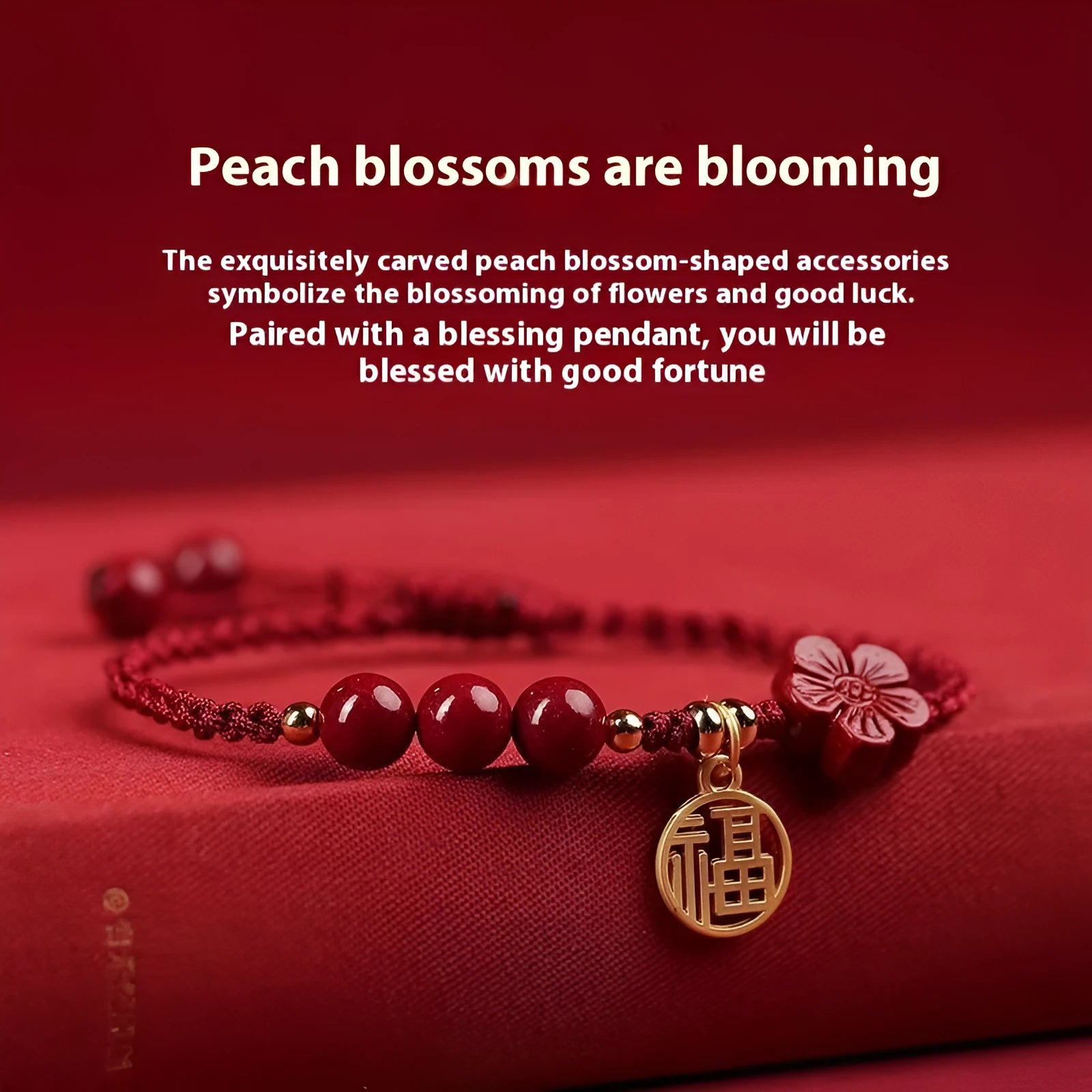 Cinnabar exam luck bracelet with braided rope strap and choice of bead or flower charm in ethnic style