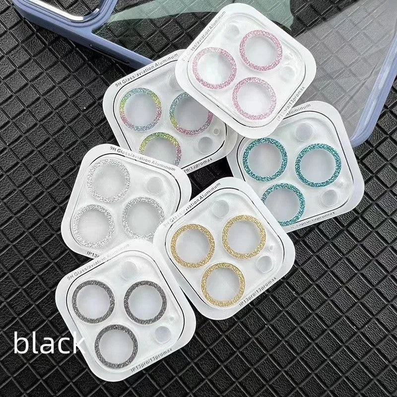 Integrated glitter tempered glass lens protector for Apple iPhone with rhinestone finish, available in multiple colours