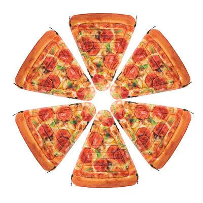 Large green and beige pizza-themed inflatable surfboard lounger floating on water
