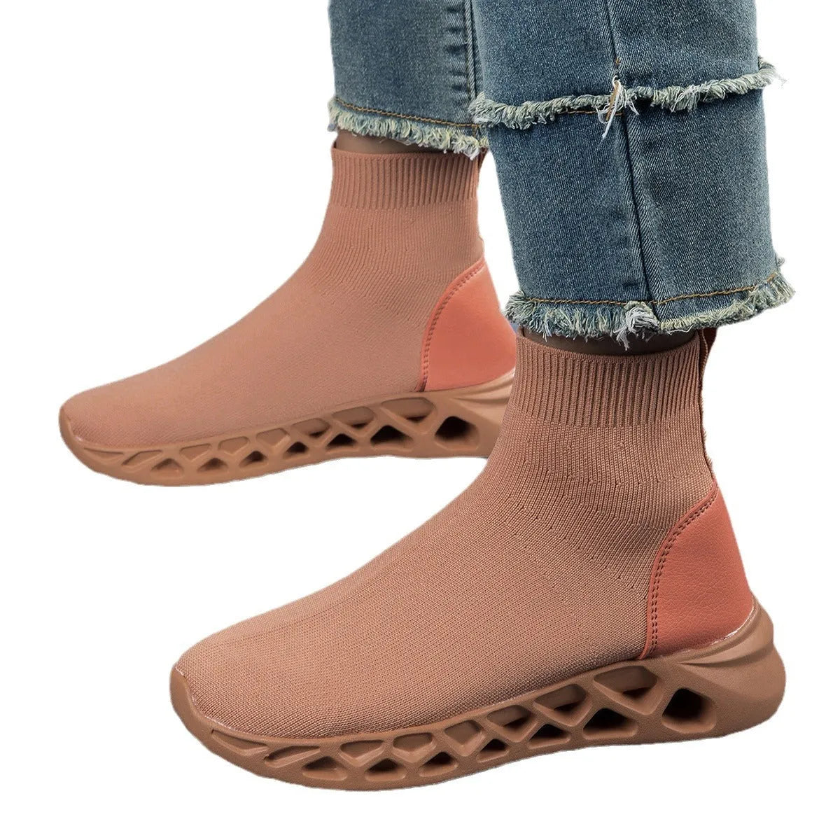 Women's casual mesh sock boots in black colour with flat sole and round toe design