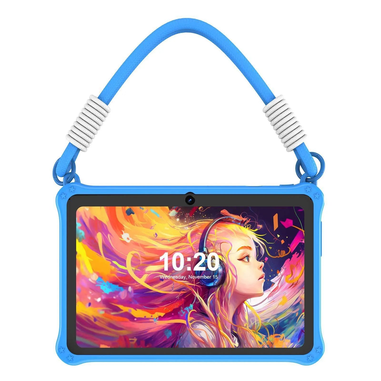7-inch children's silicone tablet case in sapphire blue with flat strap and included screen protector