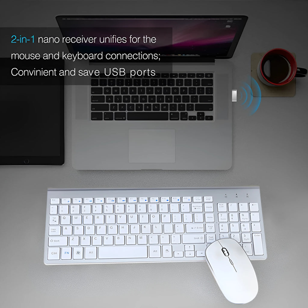 Wireless keyboard and mouse combo, ultra-thin 104-key black keyboard with numeric keypad and Nano USB receiver