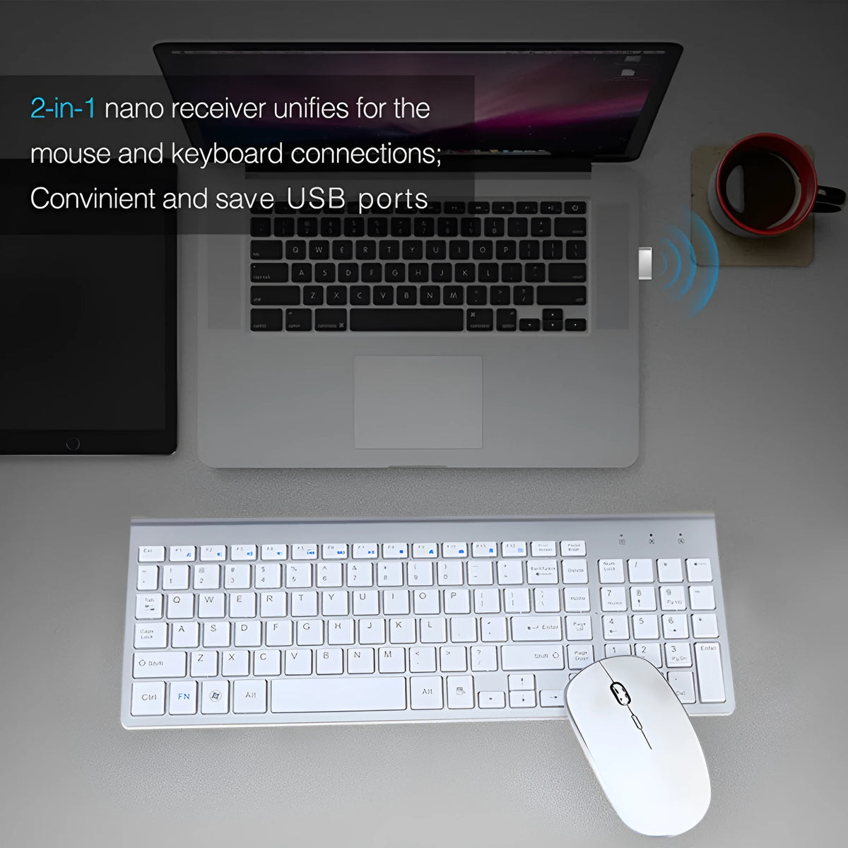 Wireless keyboard and mouse combo, ultra-thin 104-key black keyboard with numeric keypad and Nano USB receiver
