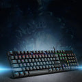 AOC GK410 mechanical keyboard with metal frame, 104 keys, USB cable, and backlit keys.