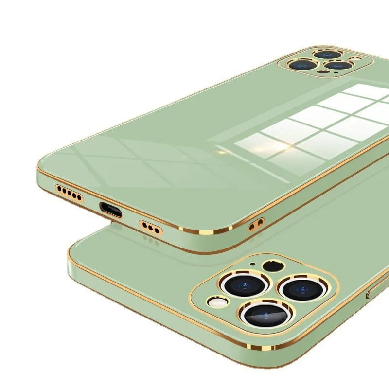 6D straight edge electroplating phone case for iPhone 16 in mint green colour, showing back and side view.