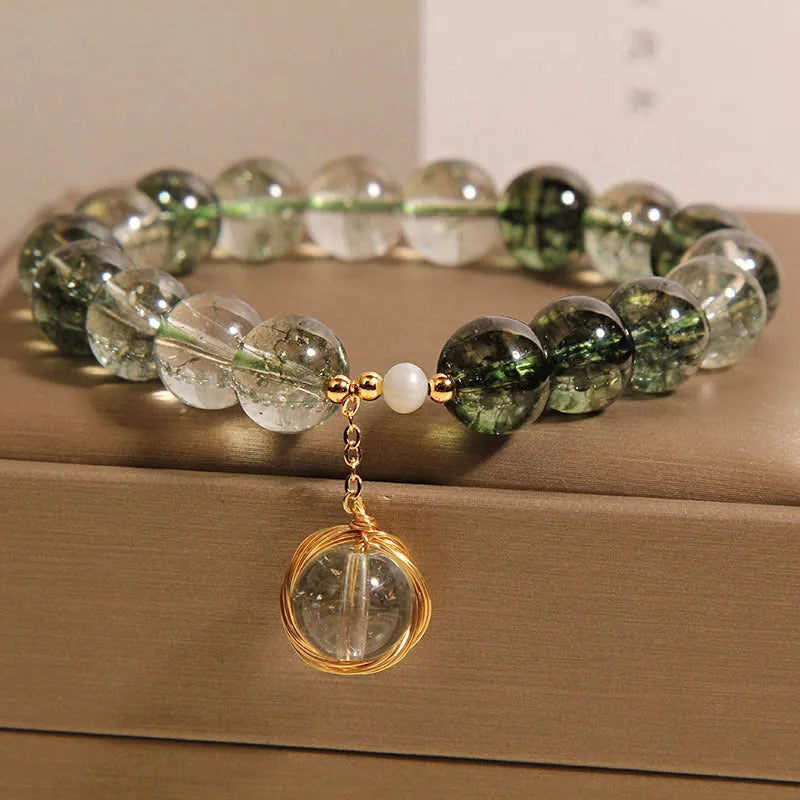 Green phantom quartz crystal bracelet with Japanese Korean style winding transfer beads