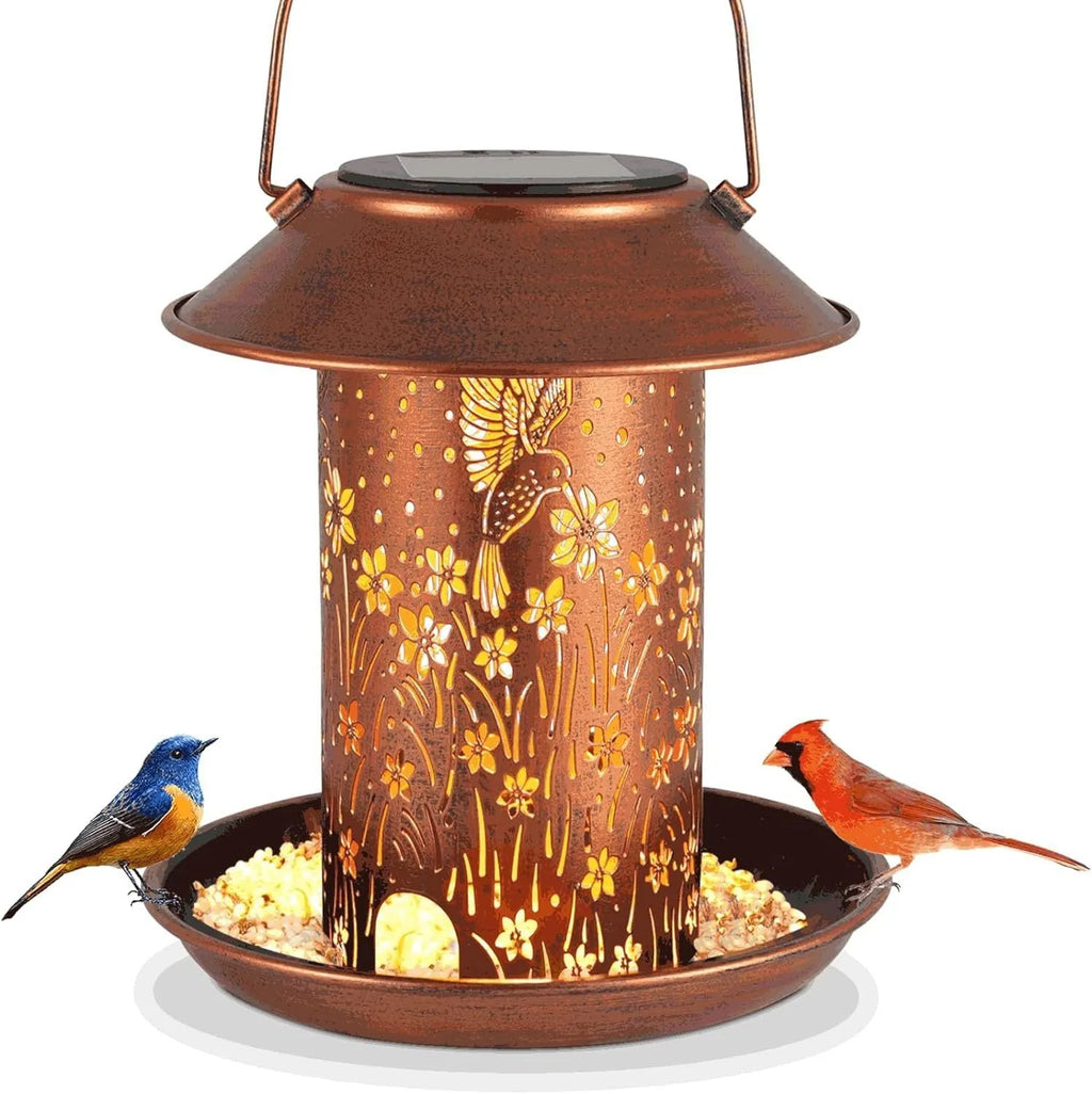 Iron art solar-powered bird feeder lamp with hummingbird pattern design for outdoor gardens.