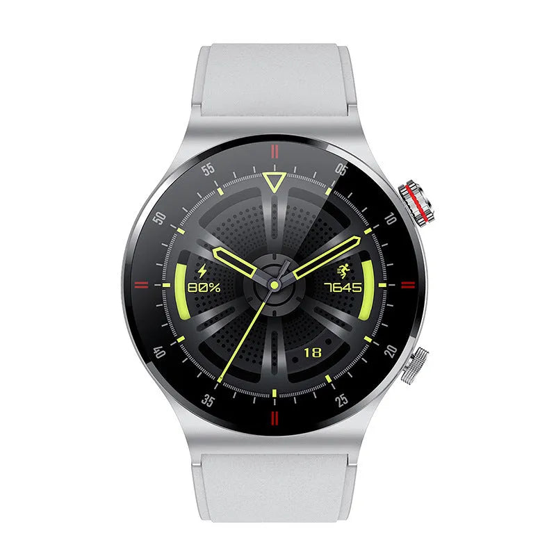 Black smartwatch with silicone band showing call notification on 1.28 inch screen