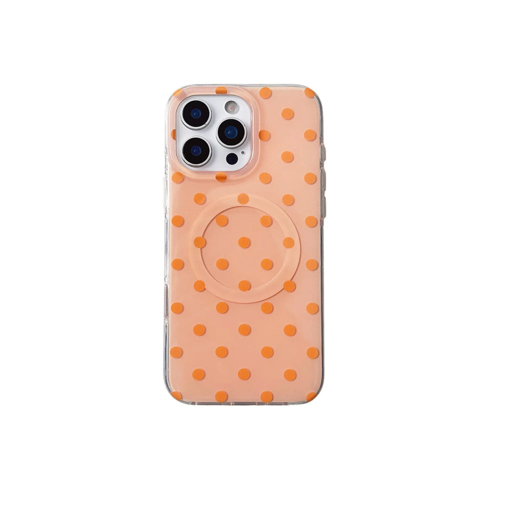 Polka dot iPhone case with magnetic bracket in black, pink, blue, and purple, compatible with iPhone models.