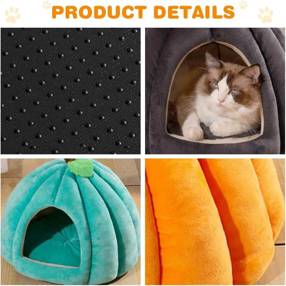 Orange pumpkin-shaped cat cave bed with plush entry hole on a wooden floor