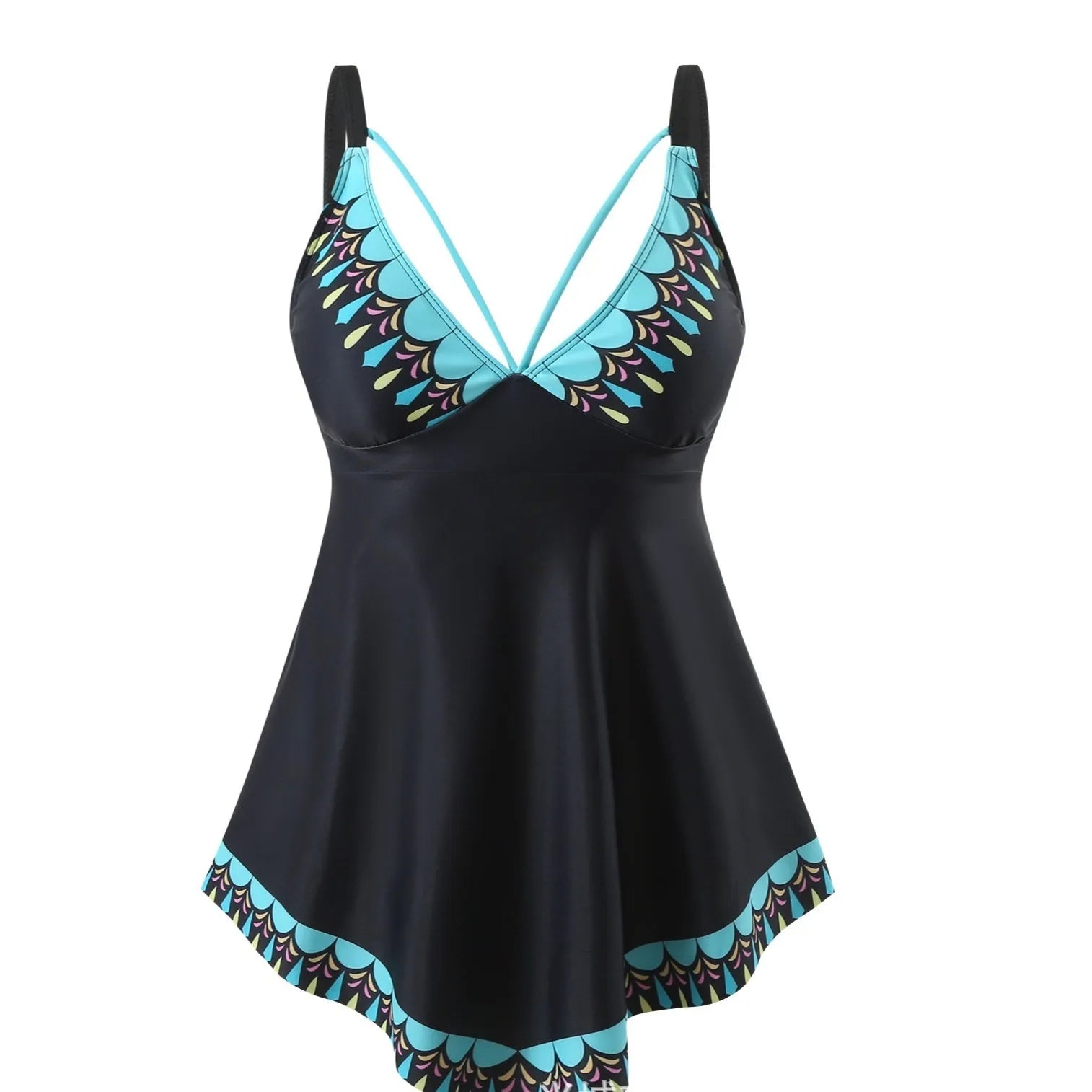 Plus size green two-piece bikini swimsuit with briefs on a mannequin.