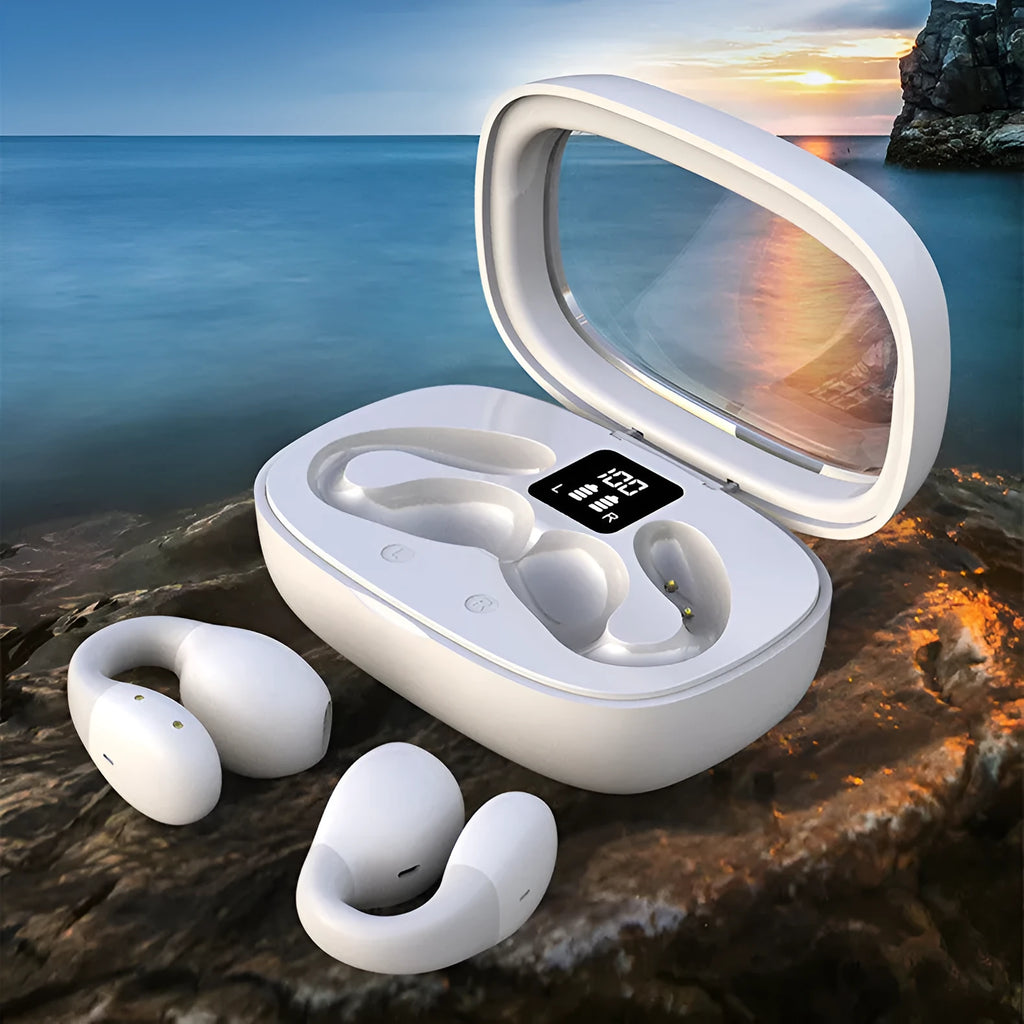 Clip-on Bluetooth headset with digital display in pink, white, and black colours