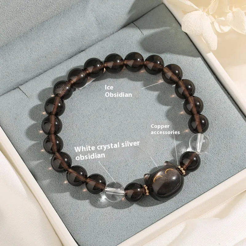 Women's silver stone cat head bracelet with 8mm ice stone beads and opal accents