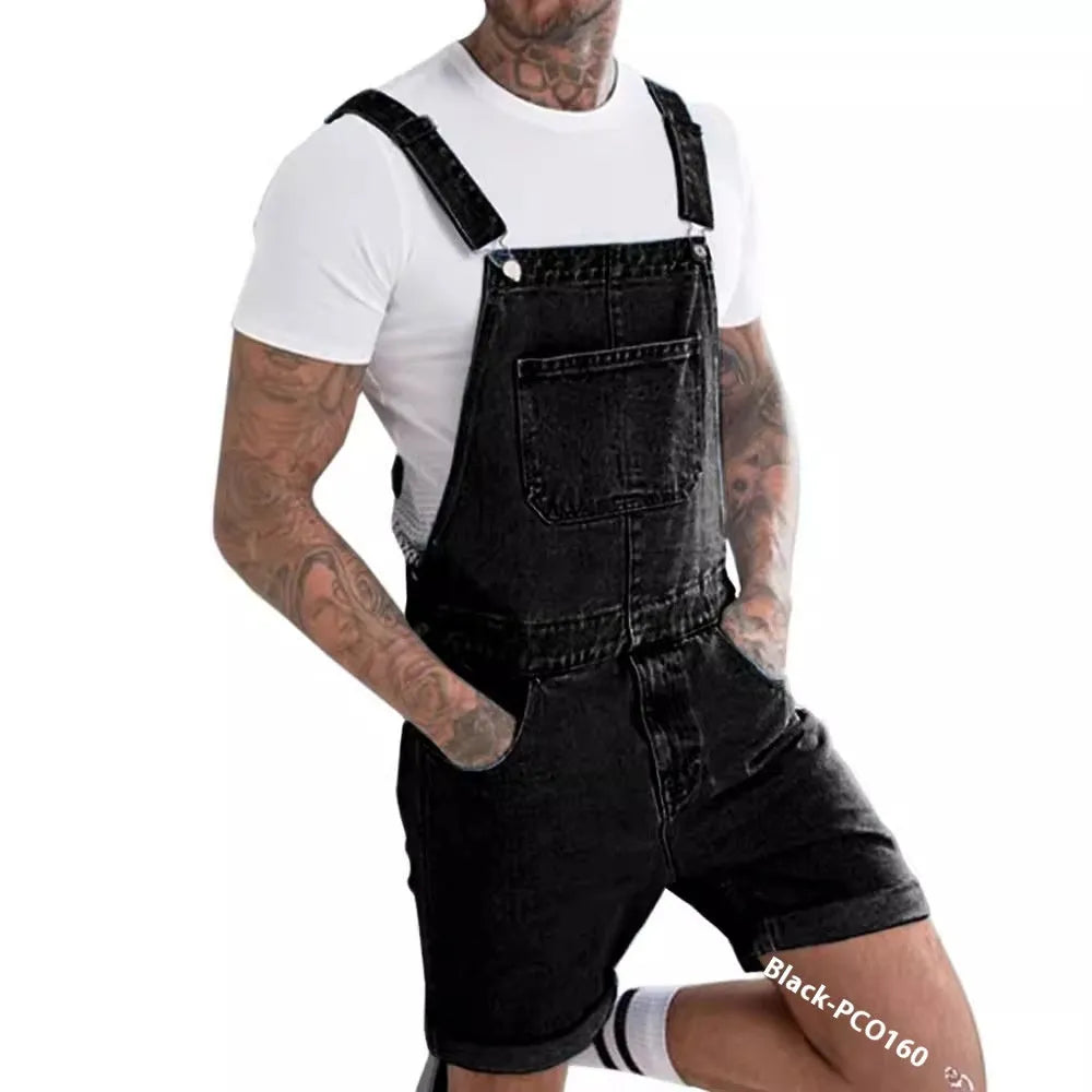Youth denim suspender pants in black with zipper fly and medium elastic fabric for summer casual wear