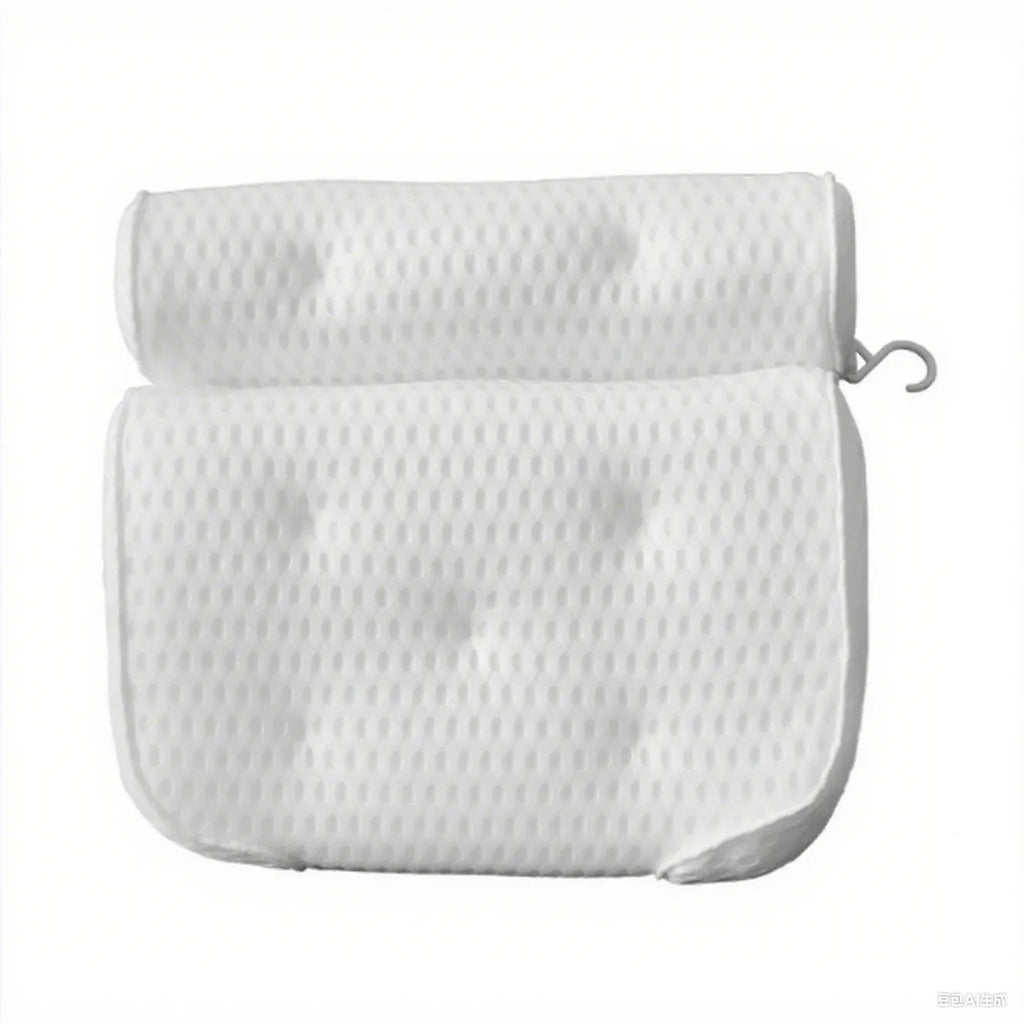 White luxury bathtub pillow with suction cups on a 4D mesh fabric surface.