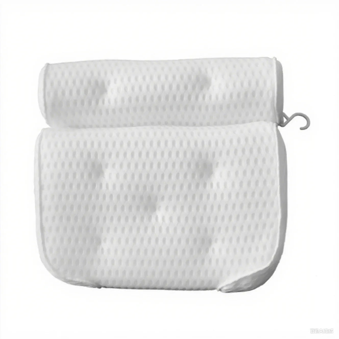 White luxury bathtub pillow with suction cups on a 4D mesh fabric surface.