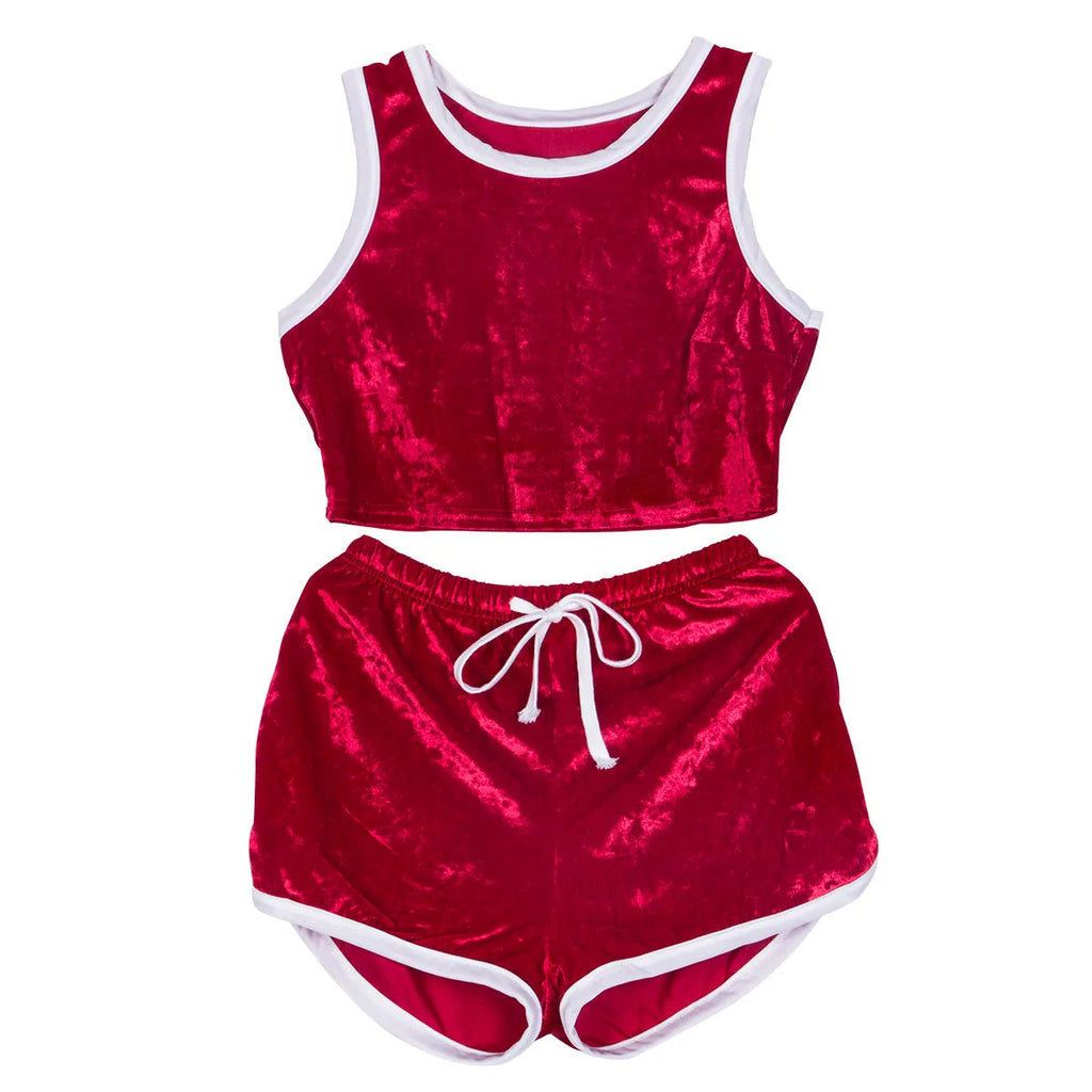 Corduroy lingerie suit two-piece set with top and pants in red, green, black, or navy blue, sizes S to XL