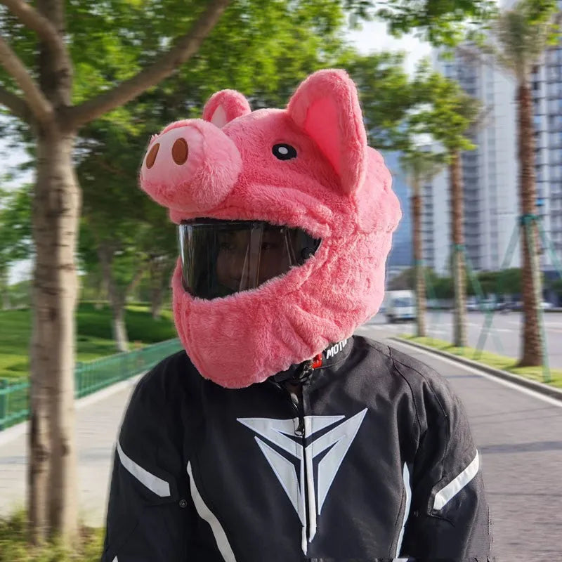 Pink pig cartoon plush hood for motorcycle helmet made from pv velvet cloth
