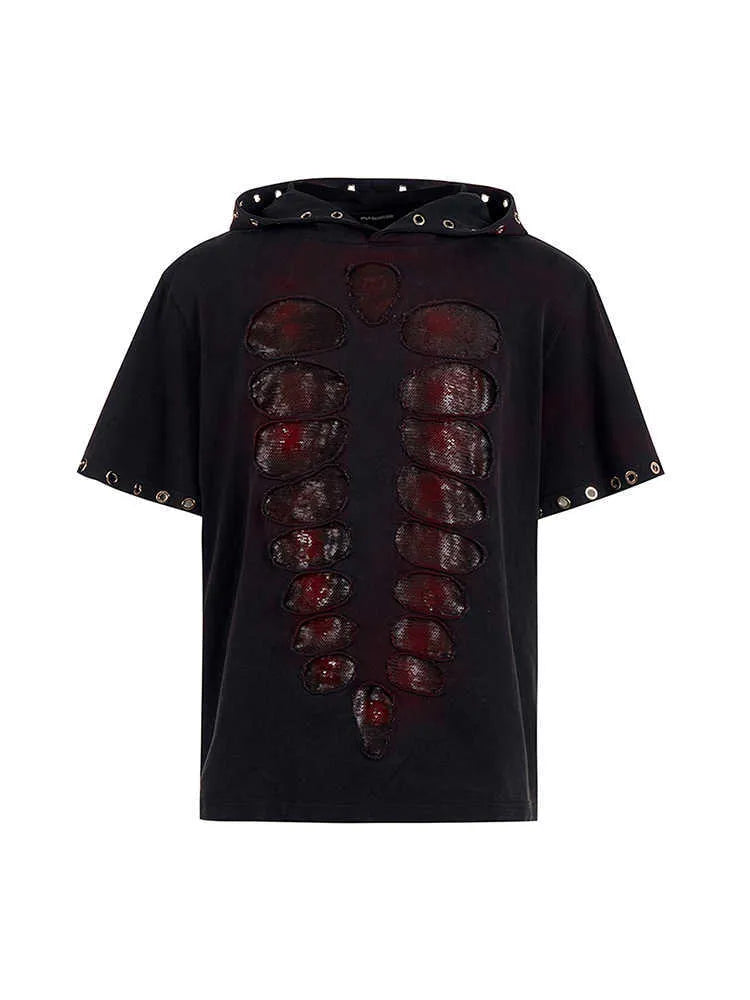 Black hooded men's T-shirt with sequin detailing and loose-fitting short sleeve design
