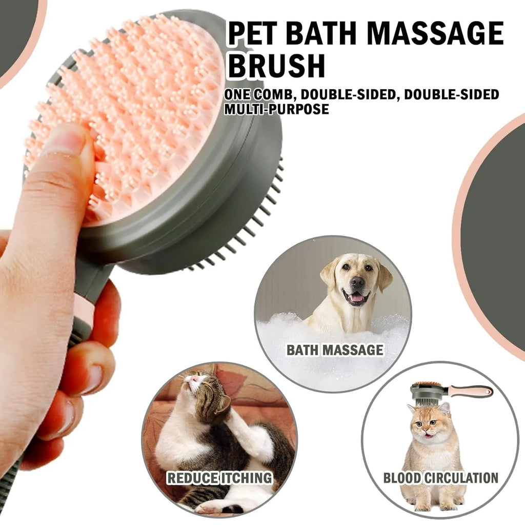 Green and pink double-sided cat grooming brush with release button and flea comb
