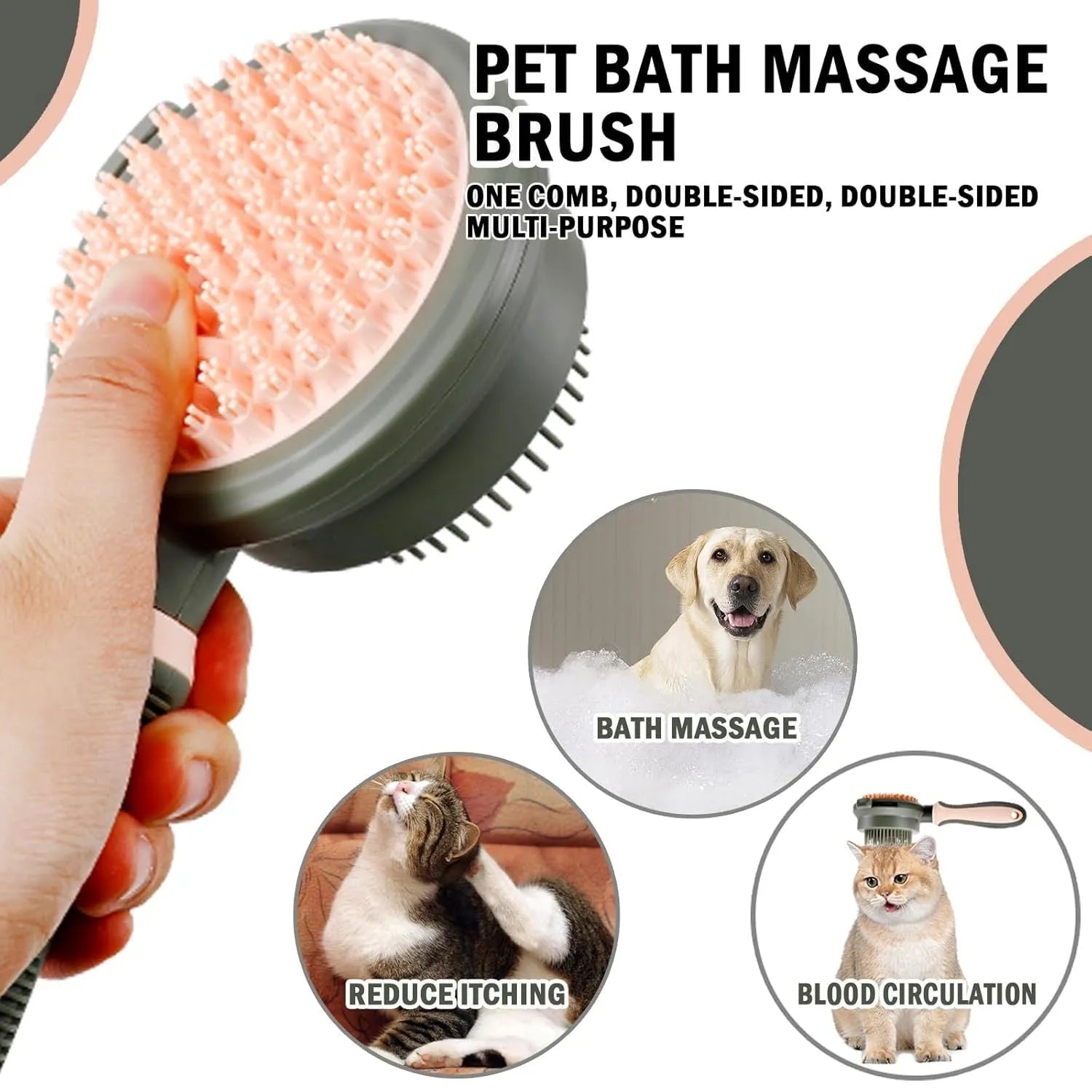 Green and pink double-sided cat grooming brush with release button and flea comb