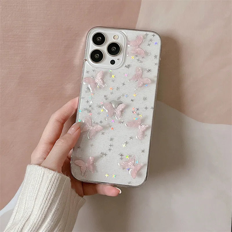 Transparent TPU iPhone 13 Pro Max case with three-dimensional dream pink butterfly back cover