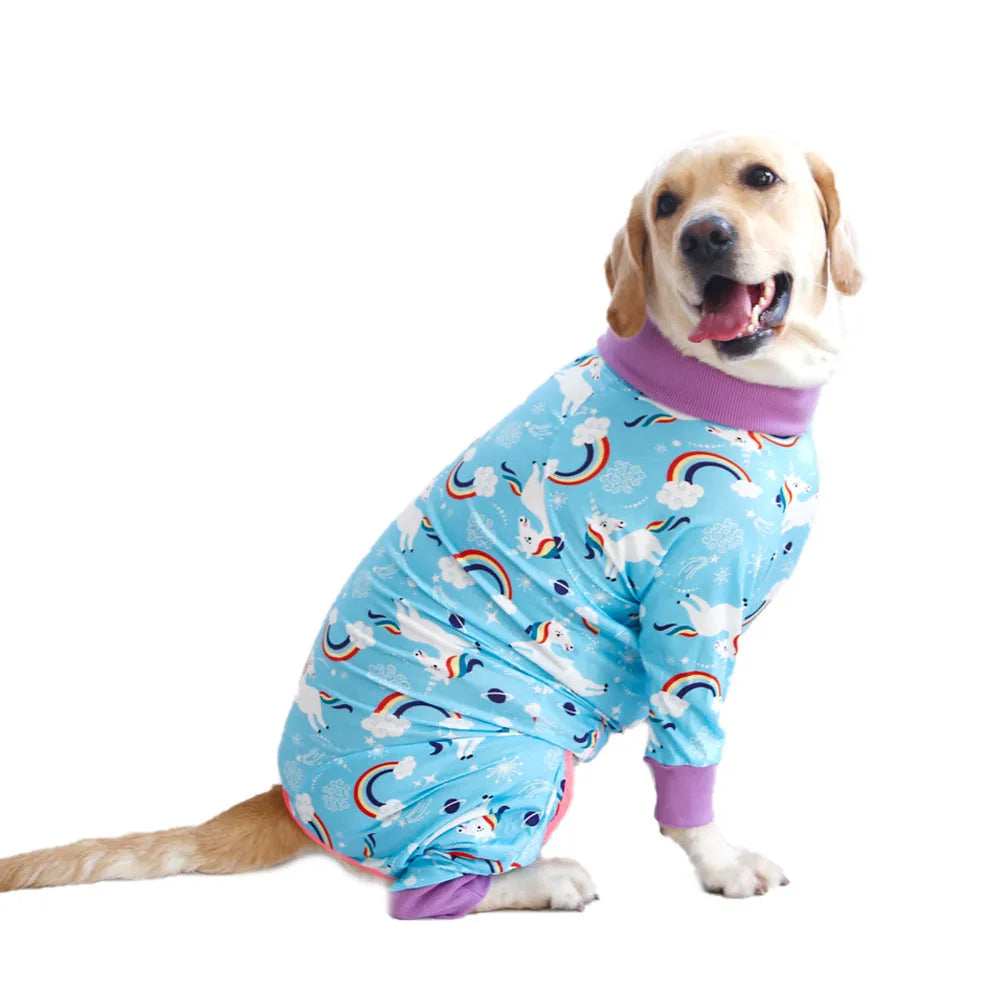 Cotton dog jumpsuit pet clothing in four-legged design showing size options 26-38cm