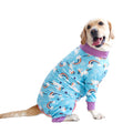 Cotton dog jumpsuit pet clothing in four-legged design showing size options 26-38cm