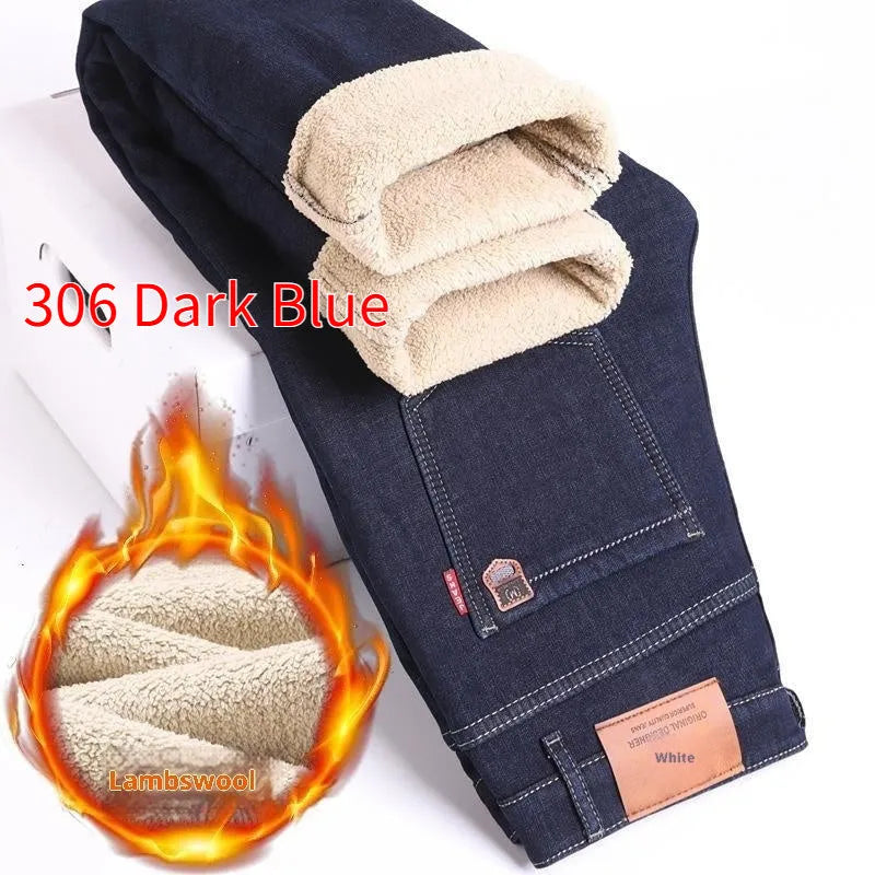 Men's fleece-lined cotton straight-leg jeans in black with velvet lining, mid waist, drawstring closure