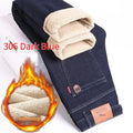 Men's fleece-lined cotton straight-leg jeans in black with velvet lining, mid waist, drawstring closure
