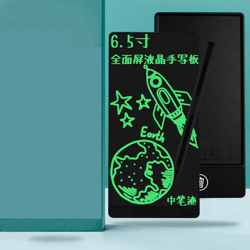 Blue LCD handwriting board with 6.5-inch screen and stylus on a white background