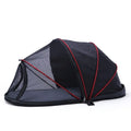 Portable folding cat tent with half-mesh side in blue, set up on a floor.