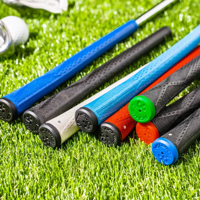 TPE non-slip golf club grip shown in various colour options including pink, blue, and black with coloured heads.