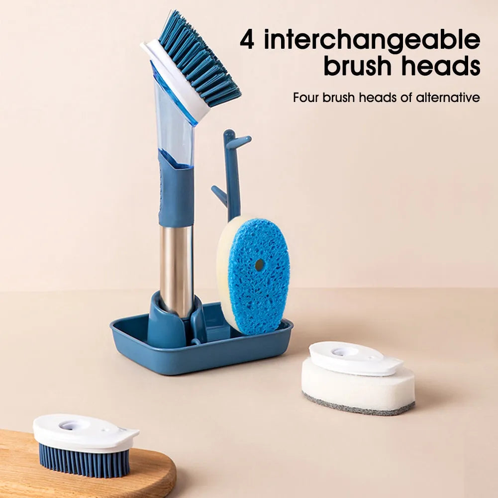 Long-handle kitchen cleaning brush with sponge head and built-in soap dispenser button in blue.